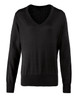 A black women's V-neck sweater with long sleeves and a ribbed hem. It features a simple design and has a logo.