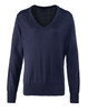 A navy women's V-neck sweater with long sleeves and a knitted texture. It features a ribbed hem and cuffs.