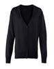 A black women's button cardigan with a V-neck and long sleeves, featuring a button-up front.