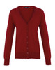 A women's button cardigan in a rich red colour with a V-neck and long sleeves. It features a logo on the label.