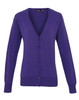 A women's purple button cardigan with long sleeves and a V-neckline. Includes a logo on the label.