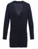 A women's longline cardigan in navy blue, featuring a V-neck, button front, and front pockets.