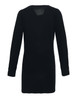 A black longline cardigan with long sleeves and a simple, elegant design. Features a back opening and has a logo.