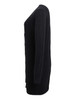 A longline cardigan in black, featuring long sleeves and a button-down front. It has a simple logo.