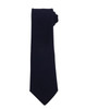 A navy tie with a smooth finish, featuring a branding logo at one end.