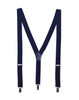 Navy blue clip-on trouser braces with silver clips for fastening. Features a central leather connector.