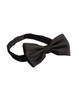 A black bow tie with a smooth finish, featuring an adjustable strap and a logo on the band.
