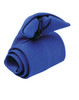 A blue Clip Tie folded neatly, secured with a black clip, designed as a clothing accessory for ties.
