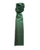 A plain, dark green scarf with a smooth satin finish, featuring a tied detail at one end.