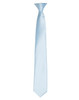A light blue satin clip tie with a sleek finish, featuring a simple design and a hidden logo.