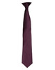 A burgundy satin clip tie with a sleek, smooth finish and a small logo at the top.