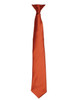 An orange satin clip tie with a sleek design and a shiny finish, featuring branding.