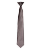 A satin clip tie in a sleek shade of grey with a glossy finish and a branding logo.