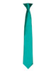 A teal satin clip tie with a smooth finish, featuring a clip attachment.
