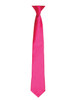 A vibrant pink satin clip tie with a sleek design and a branding logo.