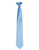 A sleek, satin tie in a soft blue colour, featuring a simple design and a branding logo.