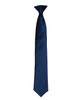 A navy satin clip tie hanging vertically, featuring a smooth finish and a sleek design. Includes a logo.