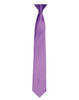A purple satin clip tie with a smooth finish and a narrow design. It features a logo.