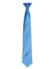 A blue satin clip tie with a smooth finish and a pointed end. It features a logo on the attachment.