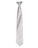 A satin tie in a light silver colour, featuring a sleek, smooth finish and a branding logo.