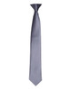 A satin clip tie in a sleek grey colour, featuring a smooth finish and solid design. It has a logo.