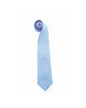 A light blue tie, neatly rolled, with a pointed tip and a subtle sheen, featuring a logo.