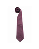 A maroon tie, neatly rolled, featuring a smooth texture and a pointed tip. It has a logo on the fabric.
