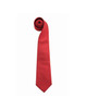 A red tie rolled neatly, featuring a simple design and a logo on the fabric.