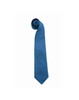 A blue tie neatly rolled, featuring a smooth texture and a pointed tip, accompanied by a logo.