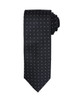 A black tie with a micro dot pattern, neatly rolled, featuring a logo.