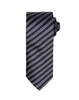A dark blue tie featuring alternating light blue and silver stripes, finished with a neatly rolled knot.
