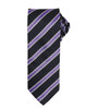 A Waffle Stripe Tie in black with purple and silver stripes, featuring a rolled tie design. It has a logo.