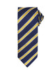 A navy tie featuring diagonal yellow and white stripes, with a textured fabric and a branded label.