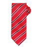A red tie with white and dark red diagonal stripes, featuring a rolled-up design and a logo.