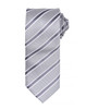 A silver tie with a waffle stripe pattern, featuring shades of grey and white, and a logo.