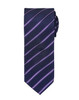A dark navy tie featuring purple stripes, with a loop for securing. It has a logo on the back.
