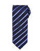 A striped tie featuring navy blue and light blue diagonal stripes, with an attached knot. Includes a branding logo.