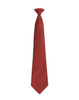 A red tie with a slim design, featuring a knotted top and a smooth finish. It has a branding logo.