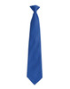 A blue fashion clip tie with a smooth finish and a classic design, featuring a logo on the clip.