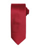 A red tie featuring a houndstooth pattern, neatly rolled at the top. It has a logo on it.