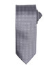 A grey tie featuring a textured pattern, rolled and displayed against a plain background. It includes a logo.