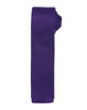 A slim knitted tie in a rich purple hue, featuring a textured design and a branding logo.
