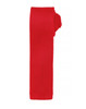A slim knitted tie in vibrant red, showcasing a textured pattern. The tie is neatly rolled and has a branding logo.