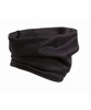 A black snood face covering with a soft, stretchy fabric and a loose design. Features a simple logo.
