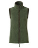 A women's artisan fleece vest in green with a high collar and front zip, featuring side pockets and a logo.