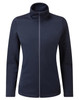A women's sustainable zip sweatshirt in navy blue with a high collar and zip closure. Features side pockets and a logo.