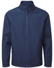 A navy softshell jacket with a high collar and full-length zip, featuring side pockets and a logo.