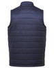 A navy blue puffer vest with a padded design and a collar, featuring a logo on the back.