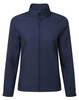 A women's softshell jacket in navy blue, featuring a zip front and a collar. It has a logo on the chest.