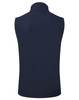 A navy soft shell vest with a high collar, featuring a smooth, sleek design and a logo at the back.